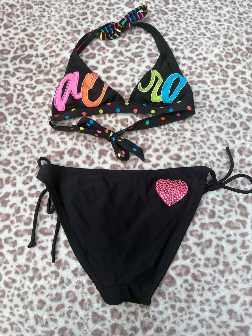 Y2K Aeropostale Size Small Black Neon Bikini Set and Pink Rhinestone Heart